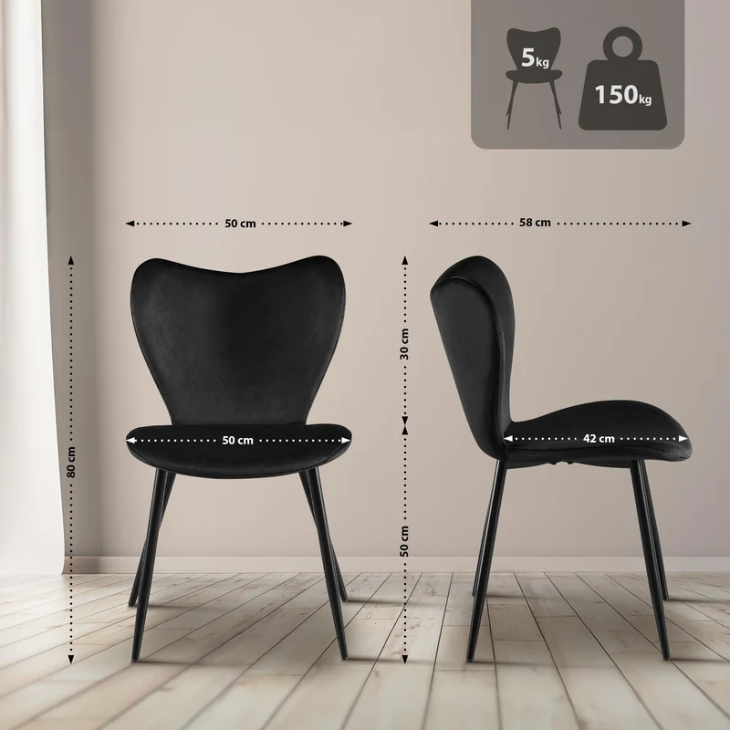 Chaise de salle à manger x1 dossier forme arrondie en papillon en velours noir cadre à quatre pieds en métal noir 10_0007604