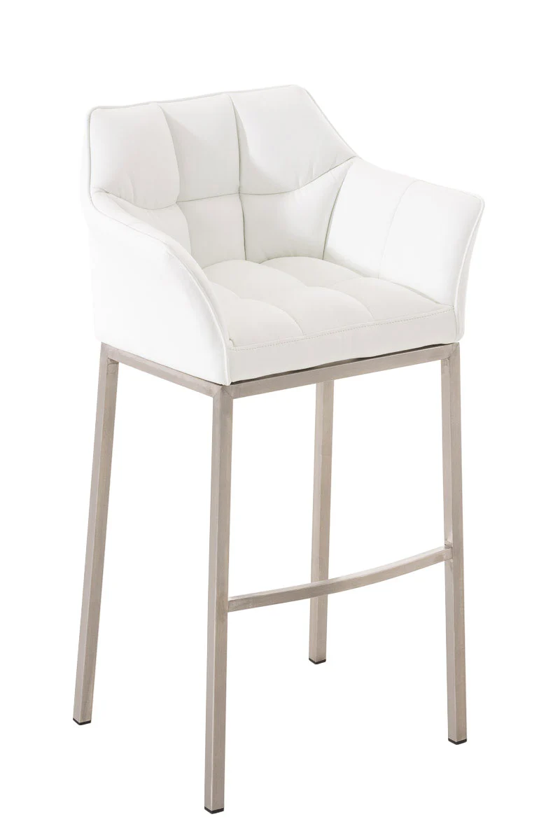 Tabouret de bar chaise haute de comptoir couture carrées assise en PVC blanc 4 pieds stables en acier inoxydable 10_0001057
