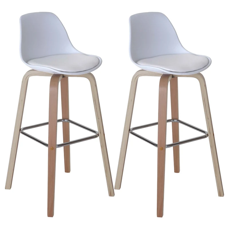 Lot de 2 chaises de bar tabourets comptoir chaise haute en synthétique blanc pieds en bois 04_0000110