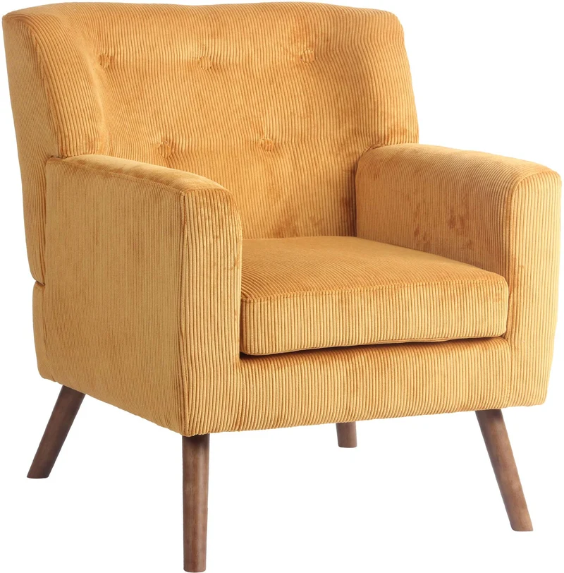 Fauteuil élégant en velours côtelé orange avec dossier à boutons capitonnés pieds en bois 10_0008242
