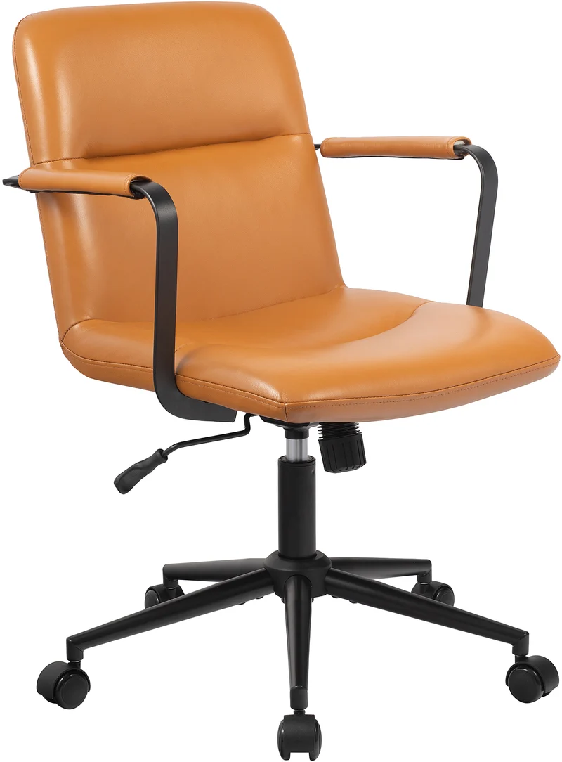 Chaise de bureau sur roulette avec accoudoirs design rétro en cuir véritable marron 10_0007007