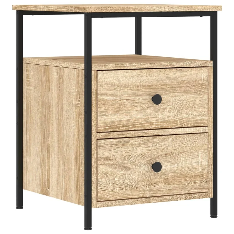 Table de chevet avec deux tiroirs et étagère 44 x 45 x 60 cm bois d'ingénierie couleur chêne et fer DEC033879