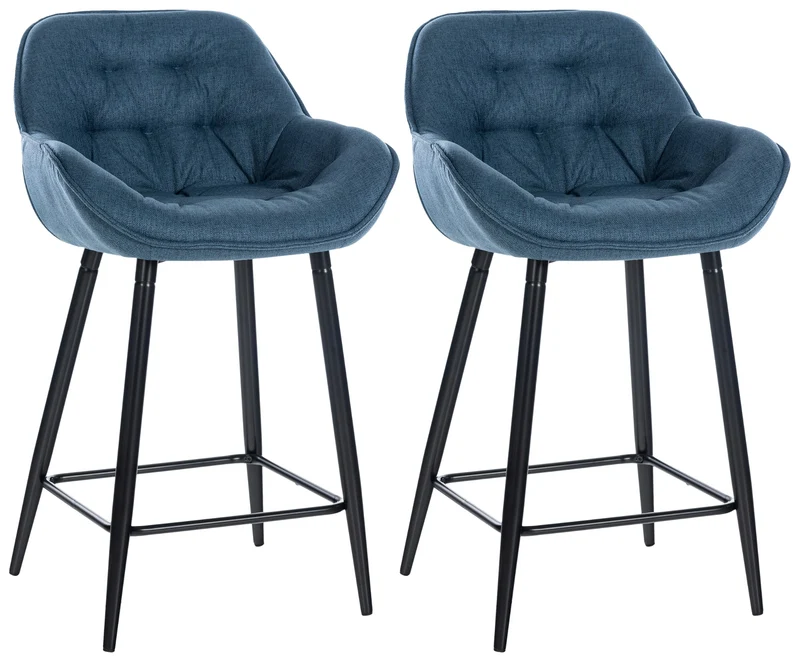 Lot de 2 tabourets de bar chaises hautes assise effet capitonnée en tissu bleu et métal noir 10_0004168