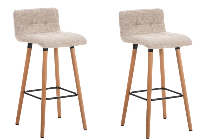 Lot de 2 tabourets de bar en tissu crème coutures décoratives pieds en bois avec repose-pieds 10_0000541