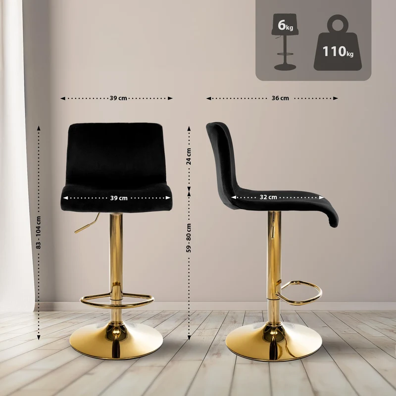 Tabouret de bar x1 en velours noir métal noir réglable 360° charge 110 kg 10_0006269