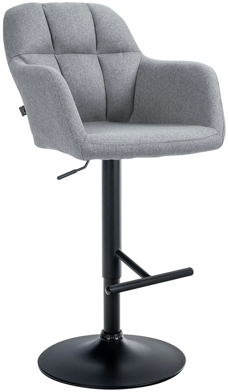 Tabouret de bar chaise haute x1 fonction rotation 360° en tissu gris avec coutures décoratives piètement métal noir 10_0005280