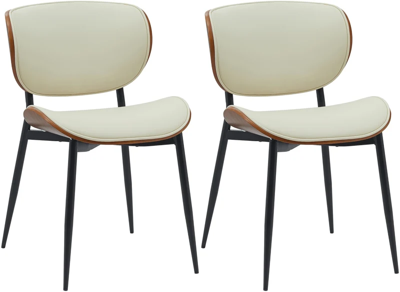 Lot de 2 chaises de salle à manger design en similicuir crème avec coque bois noyer structure métal robuste 10_0008480