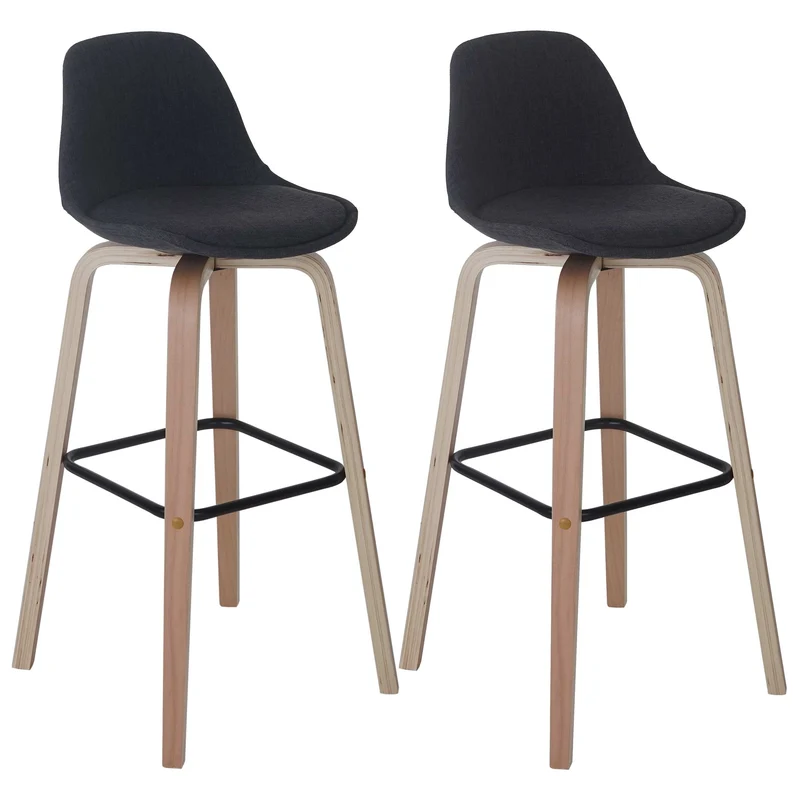 Lot de 2 tabourets de bar avec dossier assise rembourrée pieds en bois de hêtre métal tissu gris foncé 04_0005198