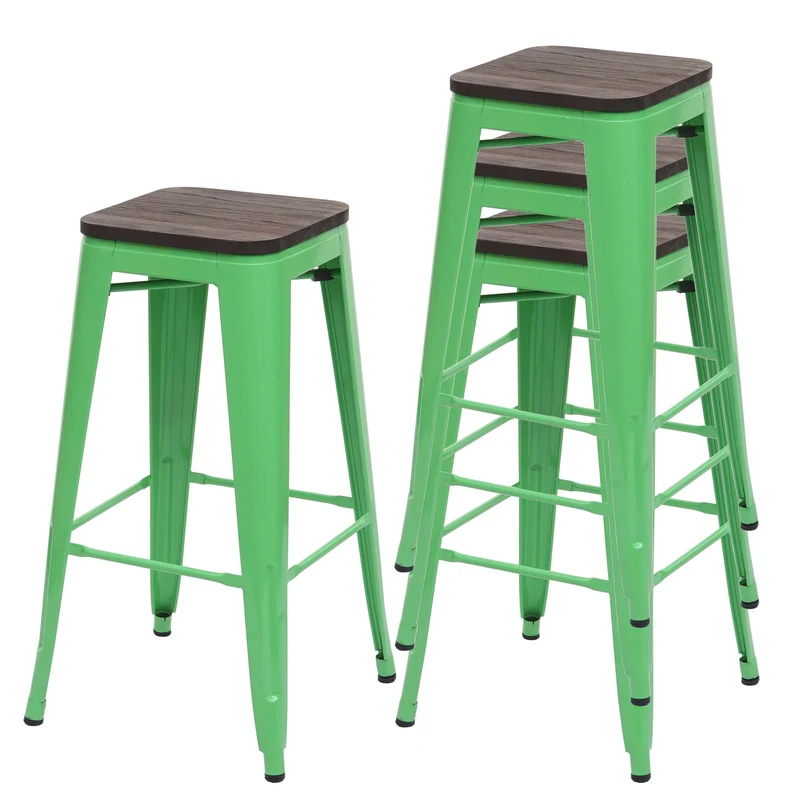 Lot de 4 tabourets de bar empilables style industriel assise en bois d’orme métal vert 04_0005221