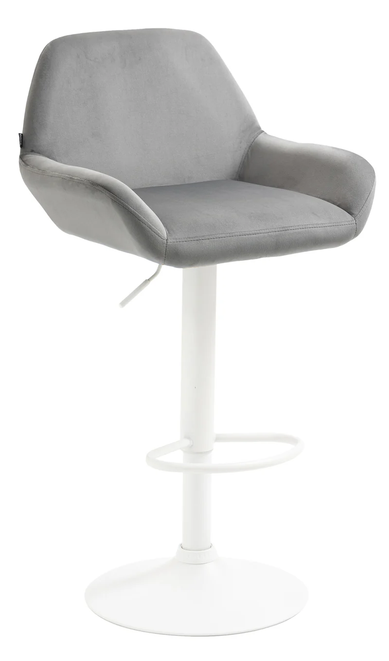 Tabouret de bar en velours rembourré gris base trompette métal blanc mat TDB10413