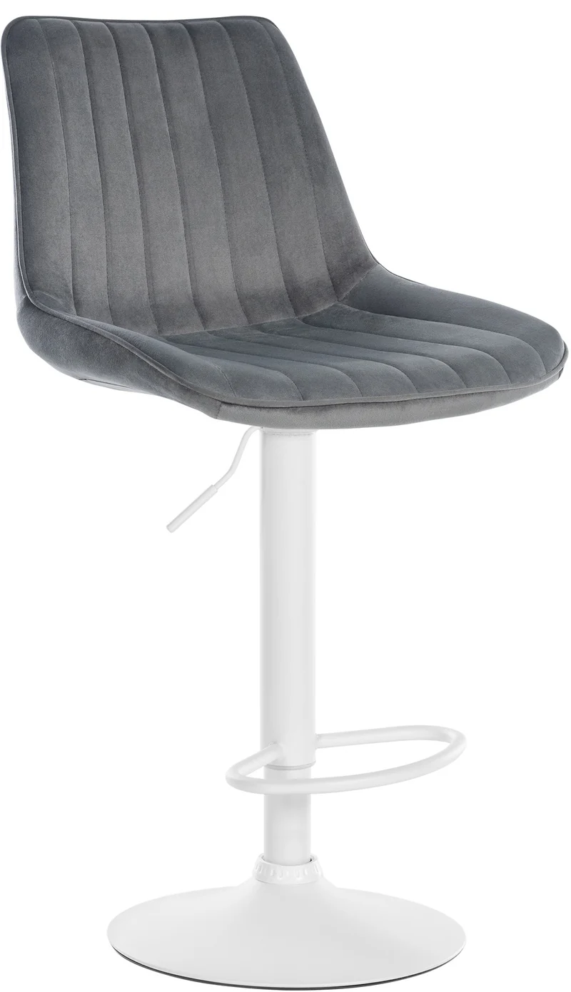 Tabouret de bar x1 réglable en hauteur pivotant à 360° assise en velours gris foncé couture verticale pied métal blanc 10_0006466