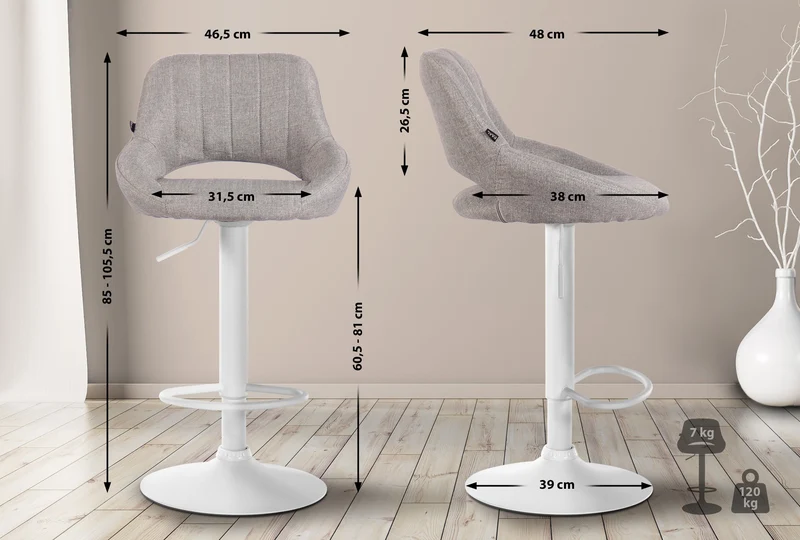 Lot de 2 tabourets de bar réglables en tissu gris dossier ajouré et pied métal blanc 10_0006338
