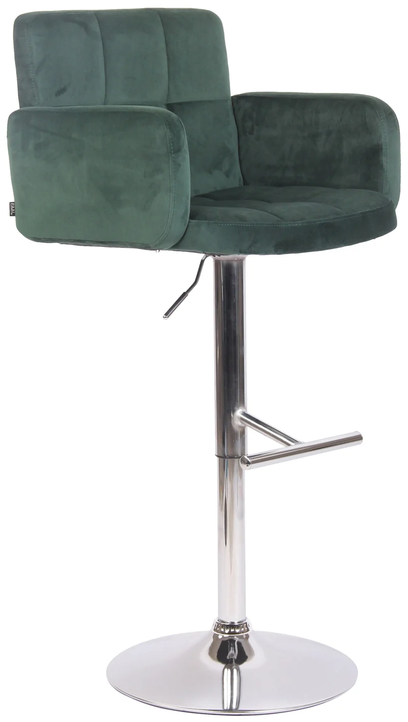 Tabouret de bar pivotant en velours vert et métal chromé avec accoudoirs repose-pieds et dossier TDB10643