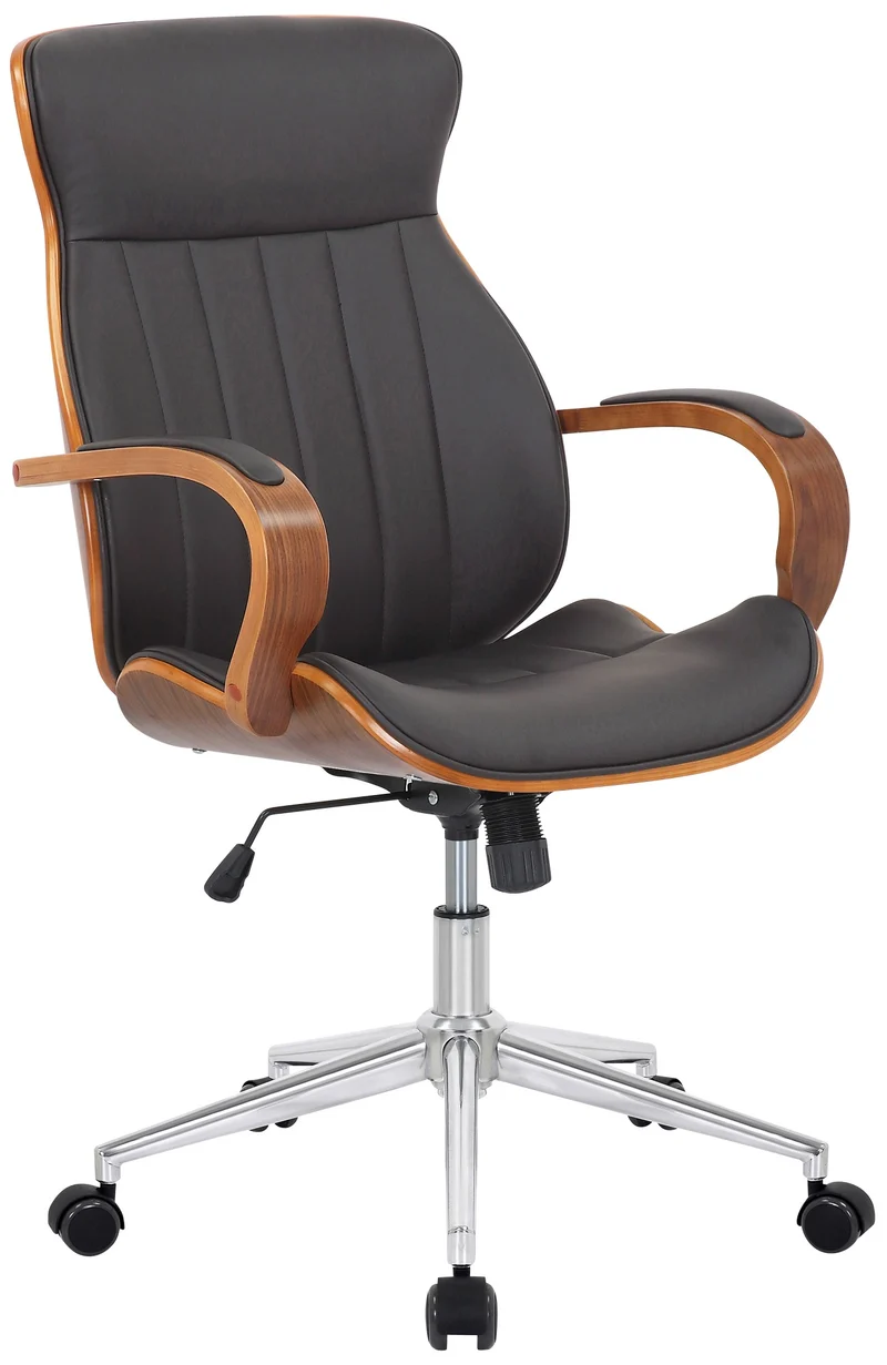 Fauteuil de bureau avec accoudoirs cadre robuste en bois courbé couleur noyer PVC marron et métal chromé 10_0002546