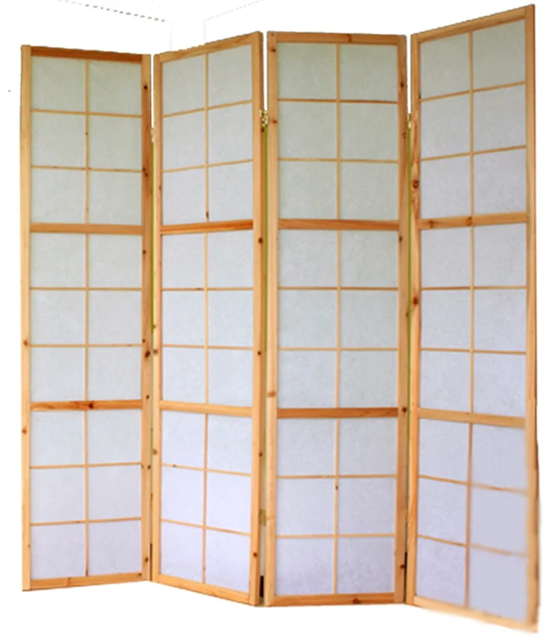 Paravent 4 panneaux pans en bois naturel et papier riz 175x176cm PAR06034