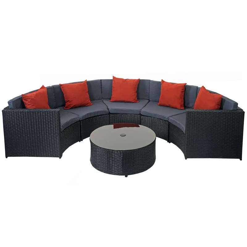 Salon de jardin arrondi 5 places modulable avec table et coussins poly rotin noir coussins gris foncé et terracotta 04_0011066