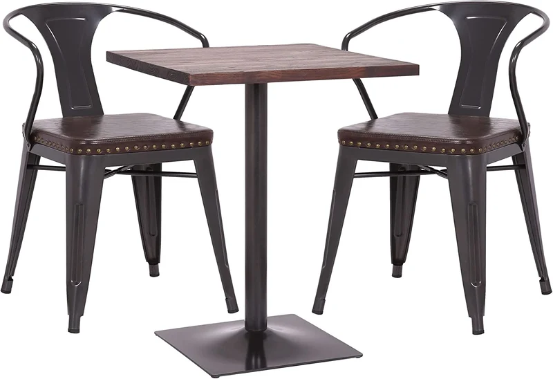 Ensemble table de bistrot 2x chaises en synthétique marron acier noir et table en bois marron foncé design industriel MDJ04186