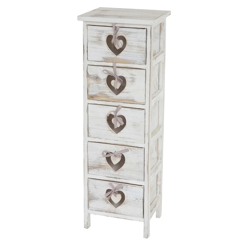 Commode petit meuble de rangement 5 tiroirs avec motif coeurs 86x29x25cm en bois de paulownia style vintage blanc 04_0002478