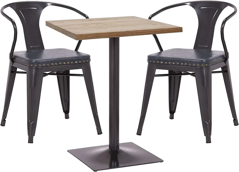 Ensemble table de bistrot 2x chaises en synthétique gris acier noir et table en bois marron clair design industriel MDJ04189