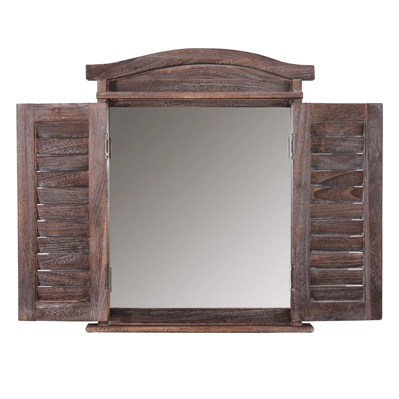 Miroir mural forme fenêtre avec volets 53x42x5cm en bois marron vieilli 04_0005484