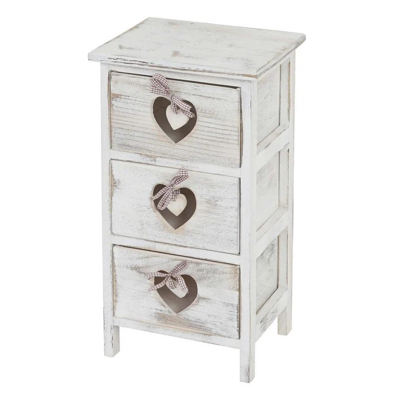 Petit meuble de rangement table de chevet 3 tiroirs avec motif coeurs 55x29x25cm style vintage blanc 04_0002479