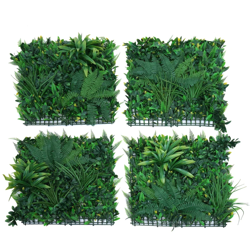 Lot de 4 panneaux muraux végétaux artificiels 1 m² feuillage dense pour intérieur et extérieur polyéthylène vert 04_0009165
