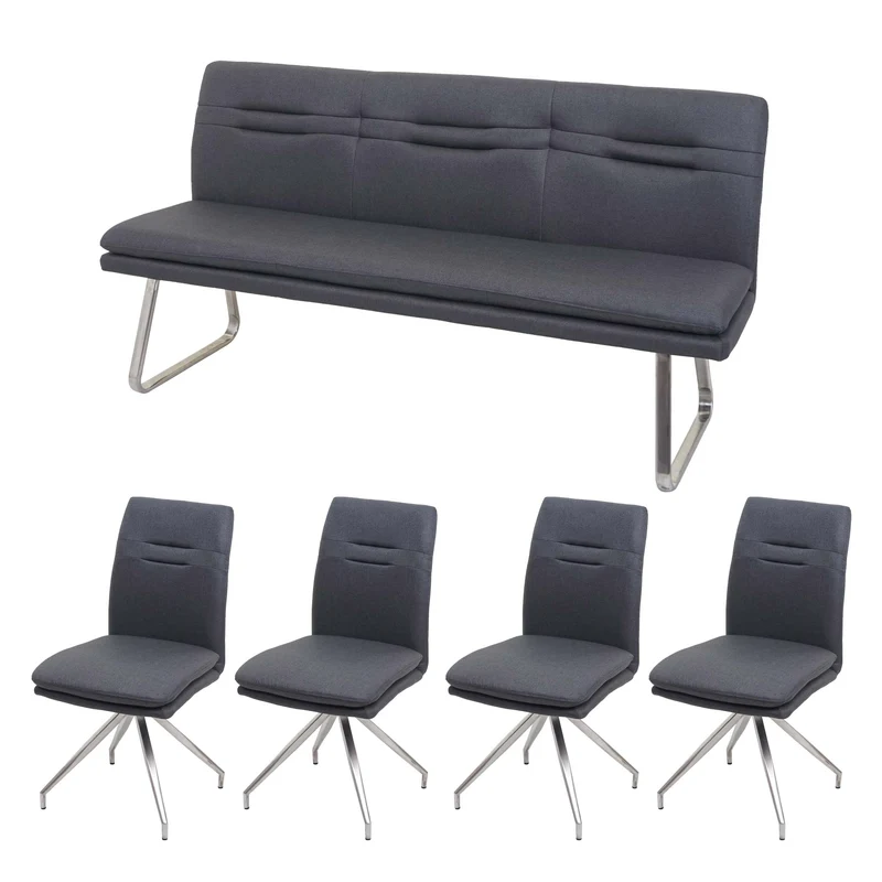Ensemble salle à manger 4 chaises et banc 180 cm structure luge acier inoxydable brossé tissu gris foncé 04_0006744