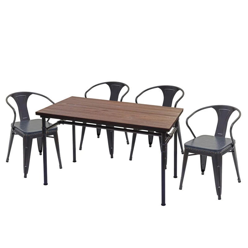 Ensemble salle à manger table 120 cm et 4 chaises avec accoudoirs style industriel bois d’orme massif acier simili cuir gris 04_0006735