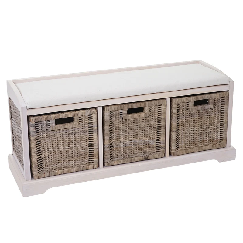 Banc de rangement avec 3 paniers et coussin d’assise rotin kubu et bois d’acajou blanc 112 cm 04_0005824