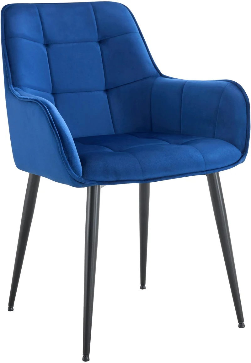 Chaise de salle à manger x1 avec accoudoirs en velours bleu foncé capitonné cadre métal noir 10_0007194
