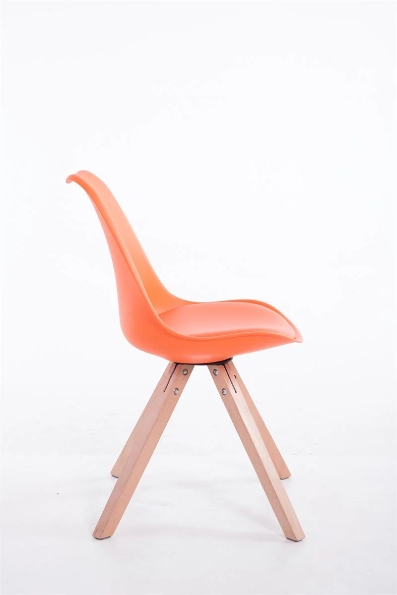 Chaise de salle à manger design scandinave en plastique et PVC orange et pieds en bois clair forme rond 10_0008807