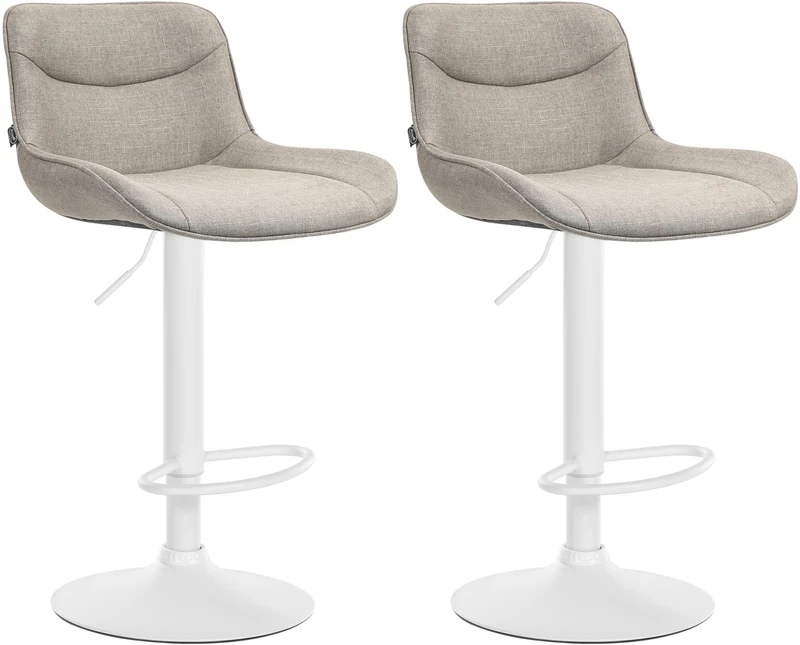 Lot de 2 tabourets de bar pivotant forme ergonomique surpiqûres décoratives en tissu taupe cadre en métal blanc 10_0005995