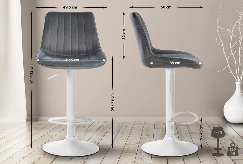 Lot de 2 tabourets de bar réglable en hauteur pivotant à 360° assise en velours gris couture verticale pied métal blanc 10_0006729