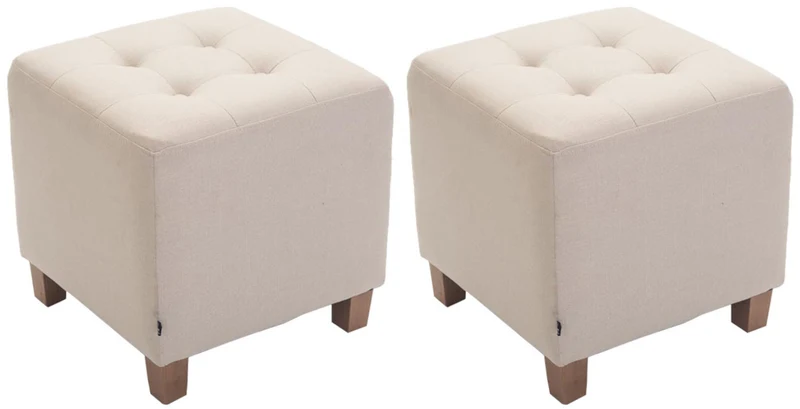 Lot de 2 poufs carrés en tissu crème avec pieds en bois 45x45 cm – Assise capitonnée élégante 10_0006592