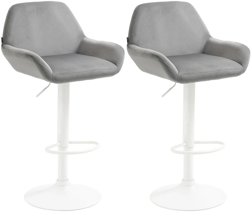 Lot de 2 tabourets de bar repose-pieds en forme d'arc en métal blanc assise en velours gris 10_0004037
