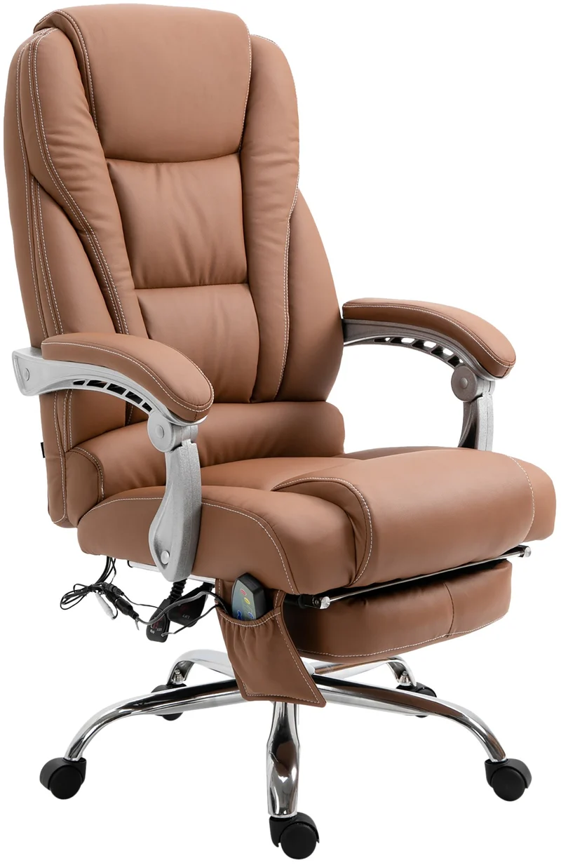 Fauteuil de bureau avec fonction massage repose-pieds en cuir synthétique marron clair et métal 10_0006932
