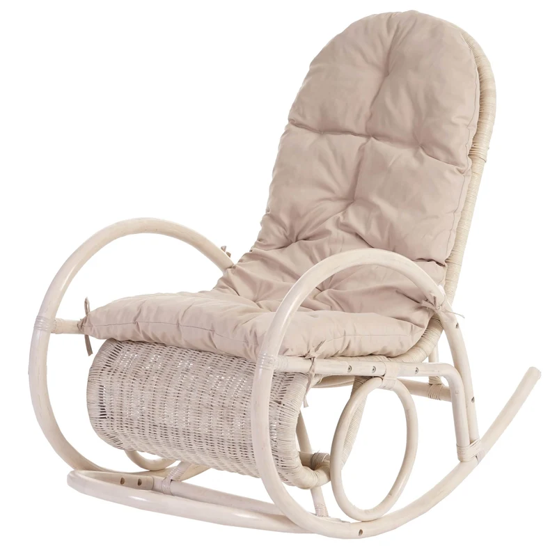 Fauteuil à bascule chaise Swing rocking chair en rotin blanc coussin crème 04_0003176