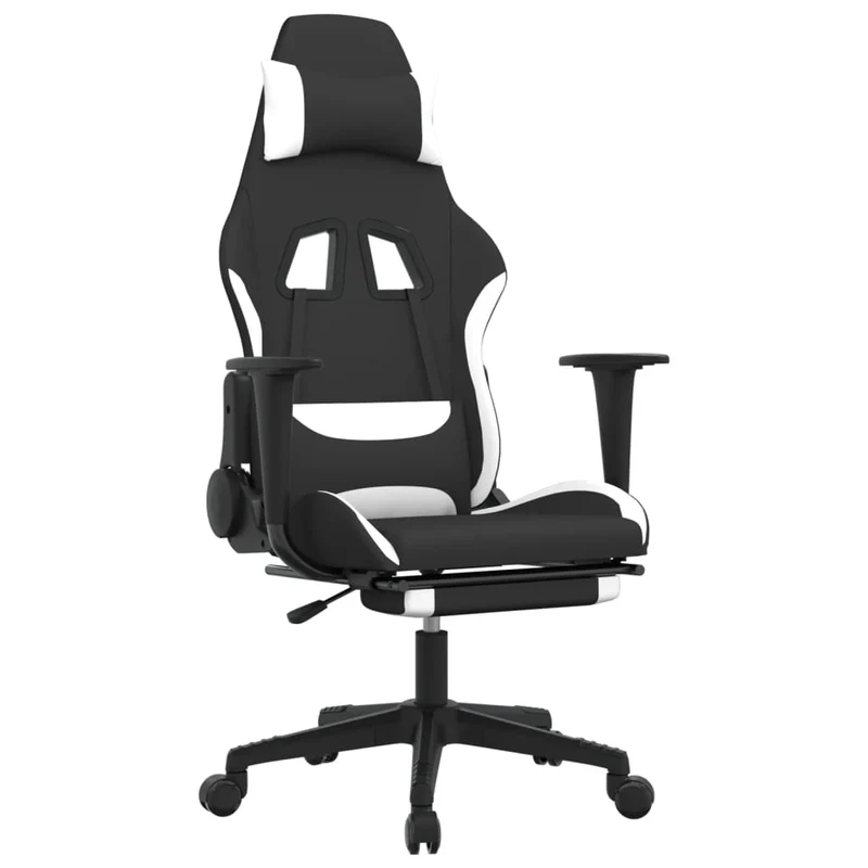 Fauteuil de bureau chaise gaming sur roulettes avec repose-pieds en tissu blanc et noir DEC025750