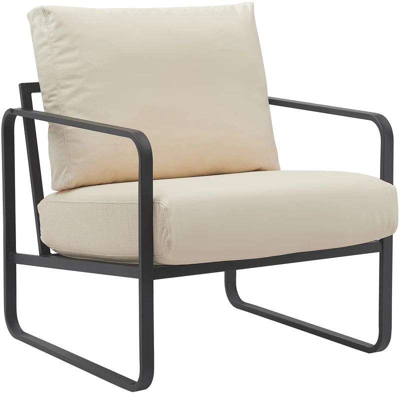 Fauteuil lounge design retro chic en PVC crème et cadre en métal noir mat 10_0002813