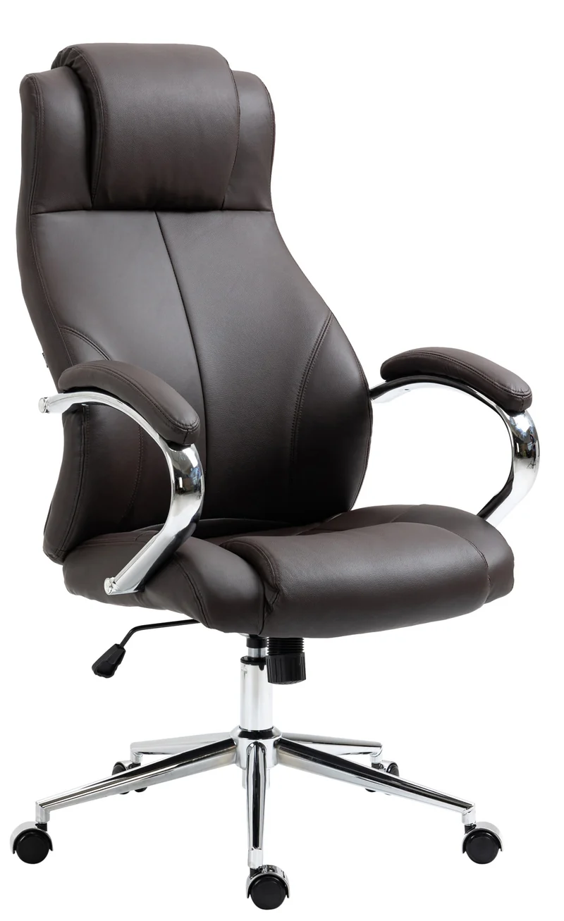 Fauteuil de bureau sur roulettes avec accoudoirs forme ergonomique en véritable cuir marron et métal chromé 10_0002643