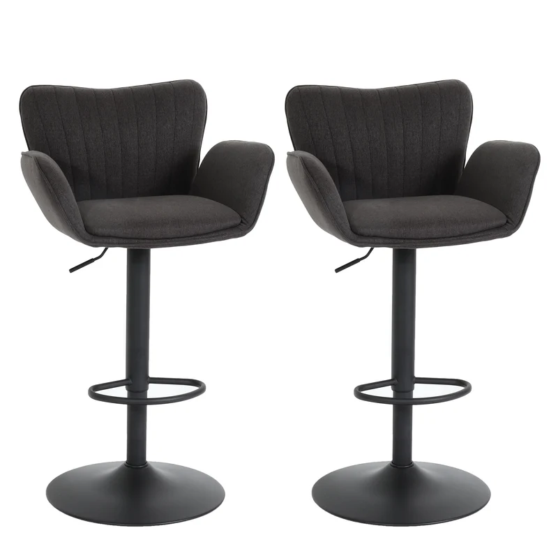 Lot de 2 tabourets de bar pivotants 360° réglables en hauteur avec accoudoirs repose pieds tissu gris foncé métal noir 04_0007467
