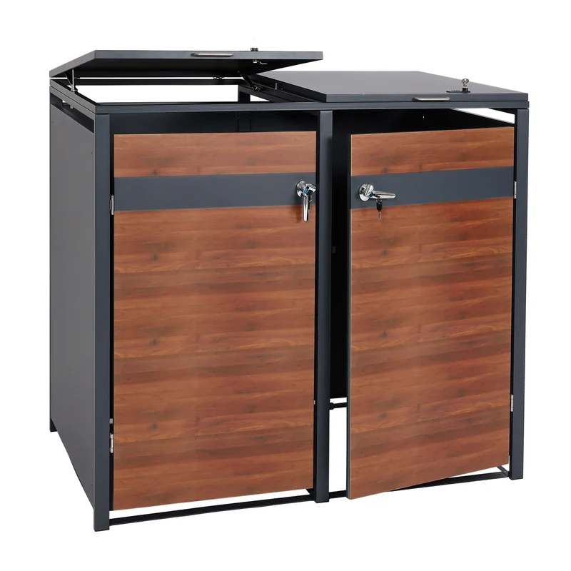 Cache poubelles double extensible avec fermeture à clé et code 117x145x98 cm métal anthracite aspect bois cerisier foncé 04_0007012