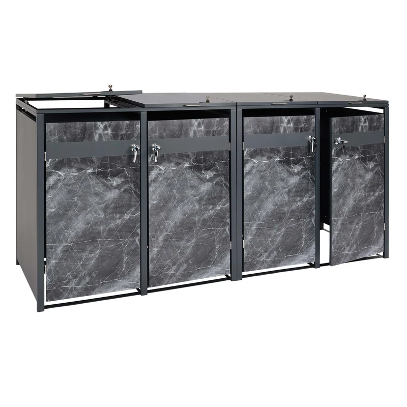 Cache poubelles 4 bacs extensible avec fermeture à clé et code 117x264x80 cm métal anthracite effet marbre foncé 04_0007000