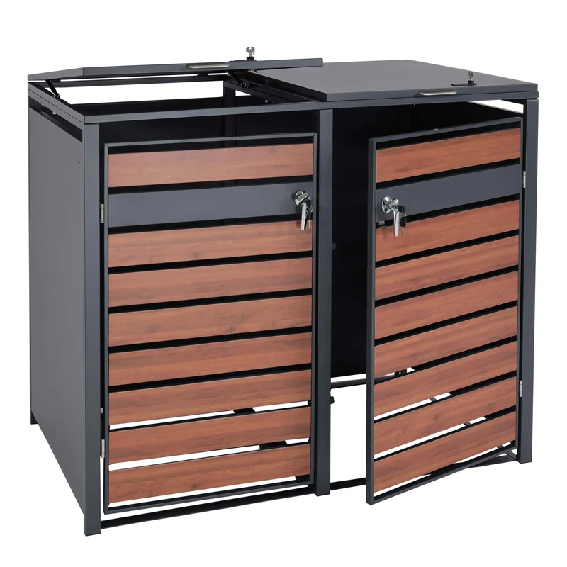 Cache poubelles double extensible avec fermeture à clé et code 117x142x98 cm métal anthracite aspect bois cerisier foncé 04_0007010