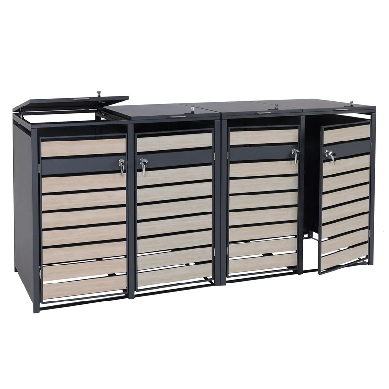 Cache poubelles 4 bacs extensible avec fermeture à clé et code 117x264x80 cm métal anthracite aspect bois hêtre clair 04_0006998