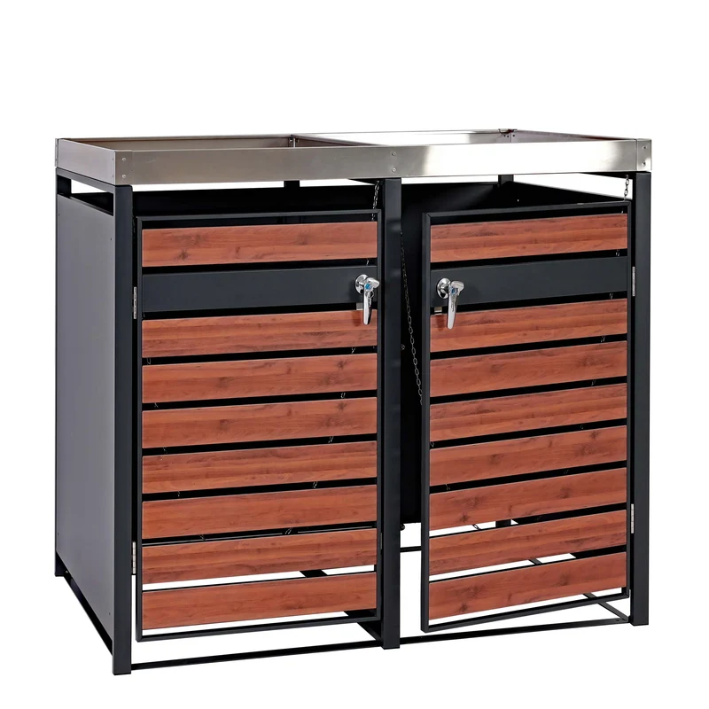 Cache poubelles 2 bacs avec bac à fleurs extensible métal anthracite aspect bois cerisier 125x132x80 cm 04_0006989