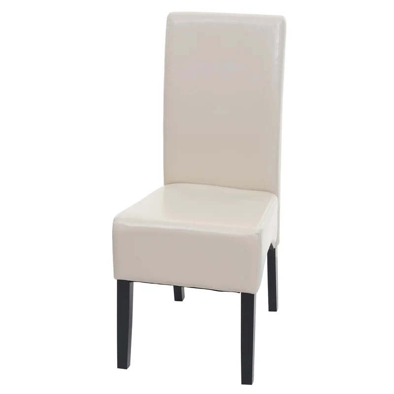Chaise de salle à manger rembourrée avec dossier haut cuir et simili cuir crème pieds bois foncé 04_0010858