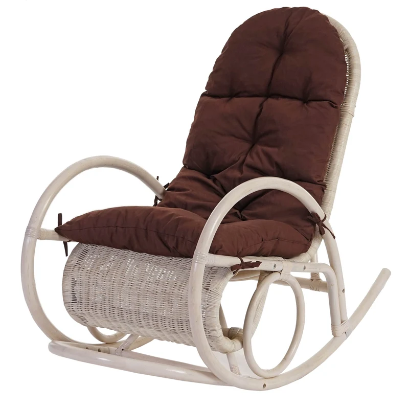 Fauteuil à bascule rétro en rotin blanc avec coussin épais rembourré marron 04_0011393