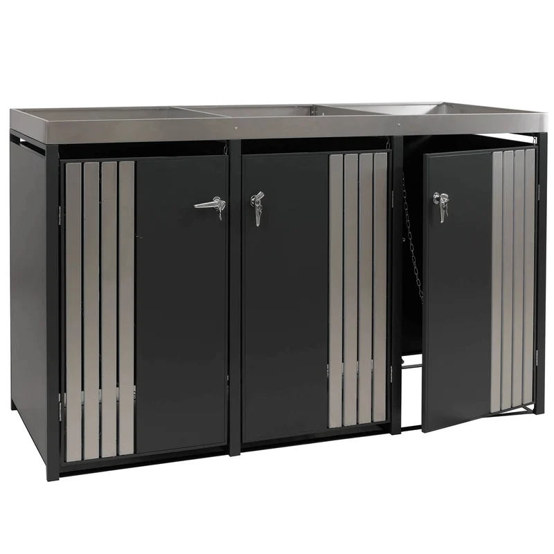 Cache poubelles triple avec jardinière intégrée 125x196x84 cm acier galvanisé inox anthracite 04_0009316