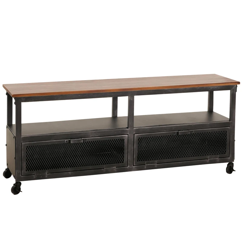 Meuble TV industriel sur roulettes avec rangements 55x130x36 cm métal noir bois marron 04_0010074